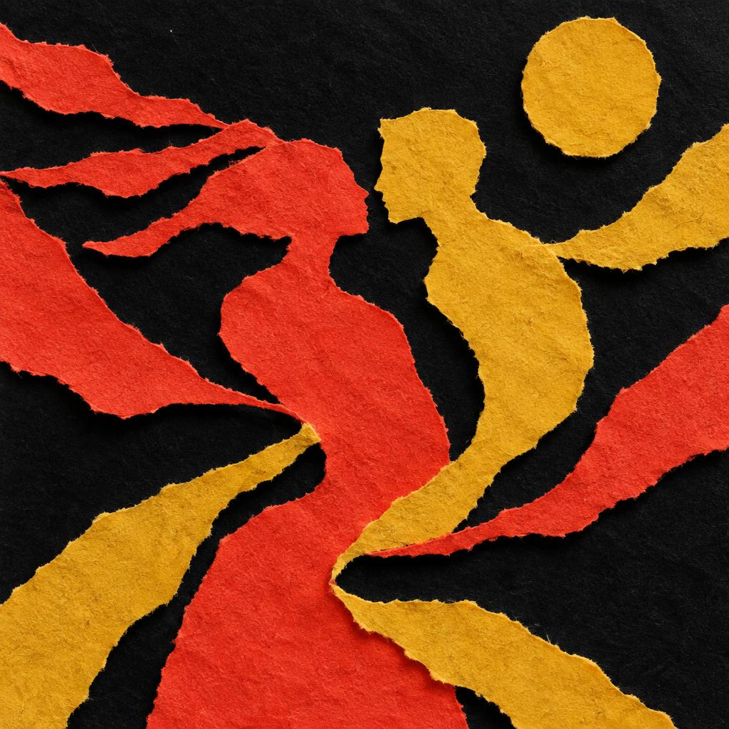 Moving silhouettes in coral and yellow paper