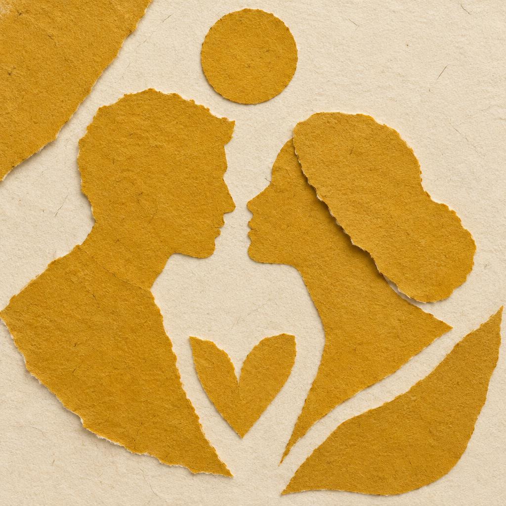 Two profiles formed from torn yellow paper