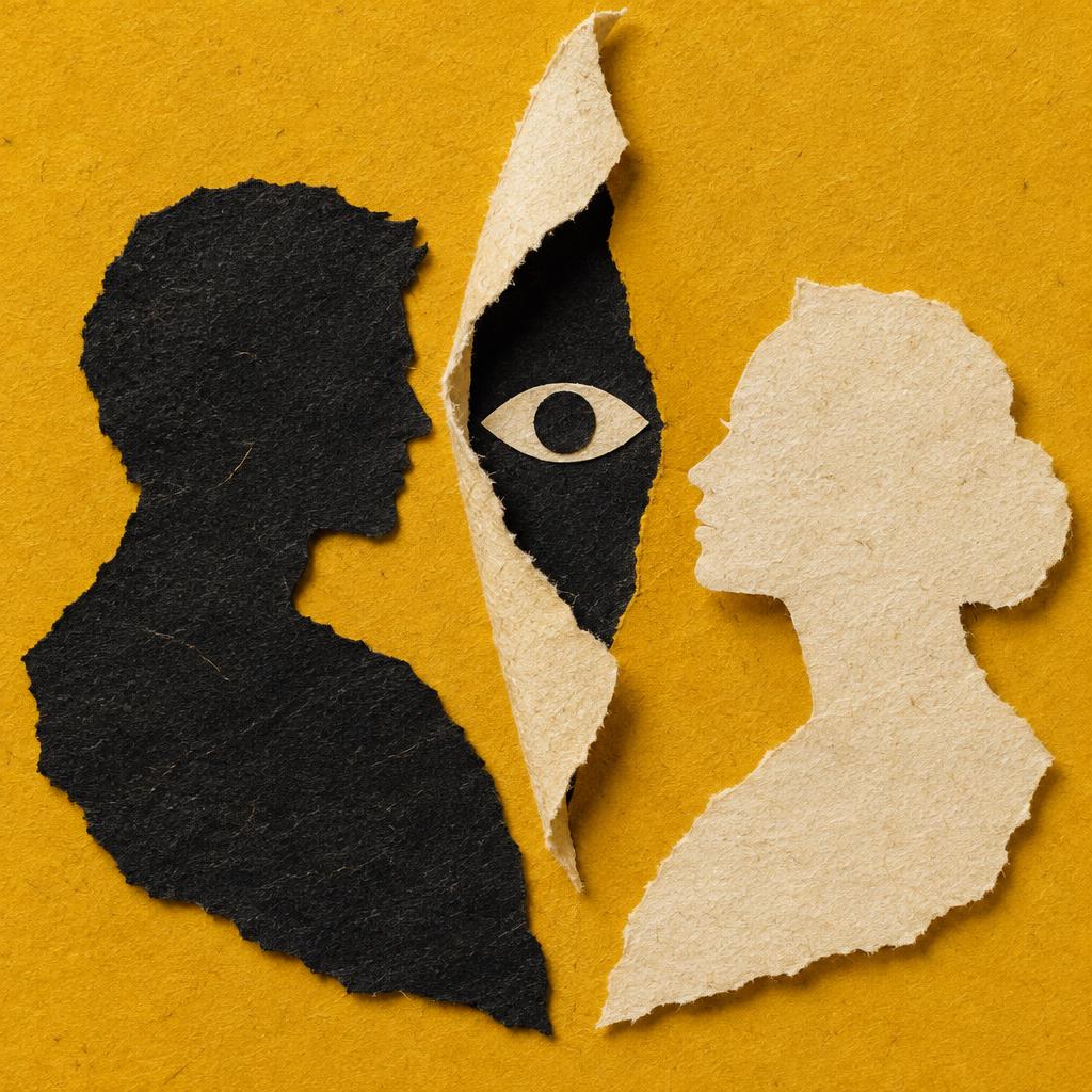 Hidden eye between torn paper profiles
